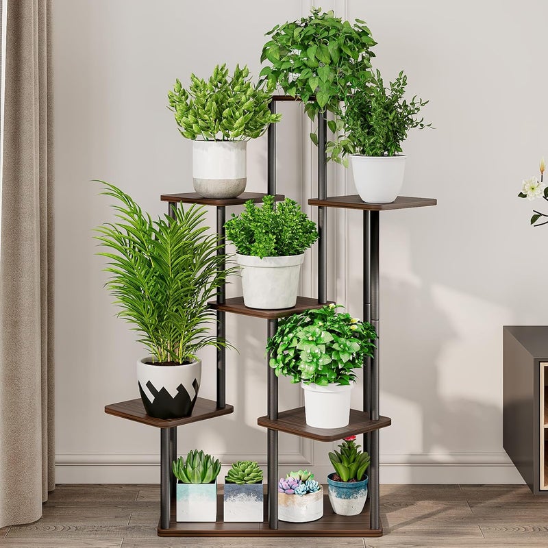 AZERPIAN حامل نباتات 7 طبقات داخلي رف زهور معدني لنباتات متعددة حامل زهور طويل للزاوية للفناء والحديقة وغرفة المعيشة والشرفة وغرفة النوم، بلوط أسود - Image 3