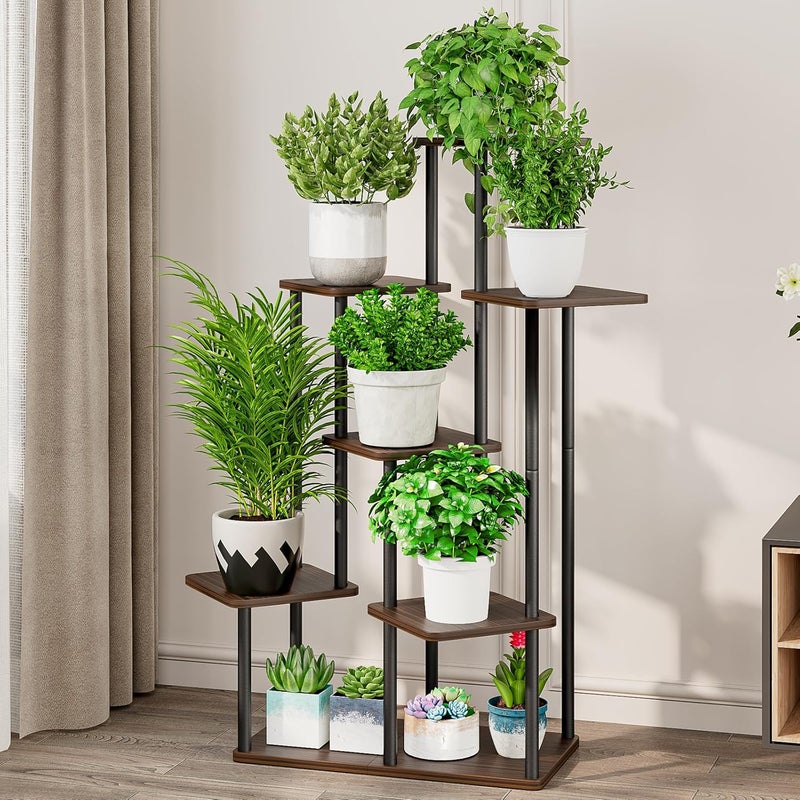AZERPIAN حامل نباتات 7 طبقات داخلي رف زهور معدني لنباتات متعددة حامل زهور طويل للزاوية للفناء والحديقة وغرفة المعيشة والشرفة وغرفة النوم، بلوط أسود - Image 2