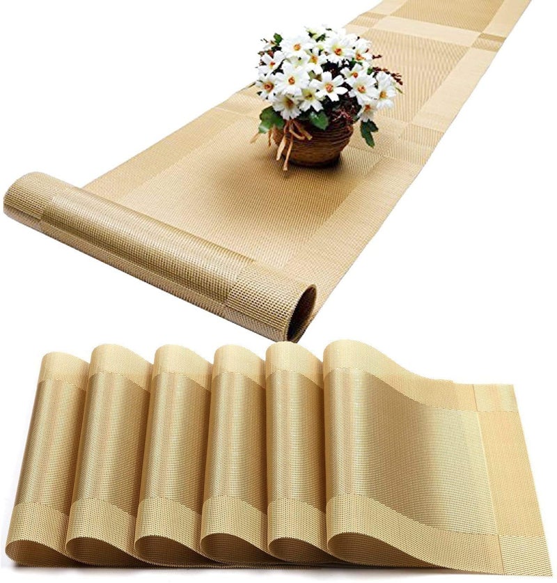 P-PLUS INTERNATIONAL Washable PVC Vinyl Heat Resistant Long Dinner Table Mats Placement Easy to Wash Cleaning Both Side Usable (Set of 6 + 1 Runner, Gold) - Image 1