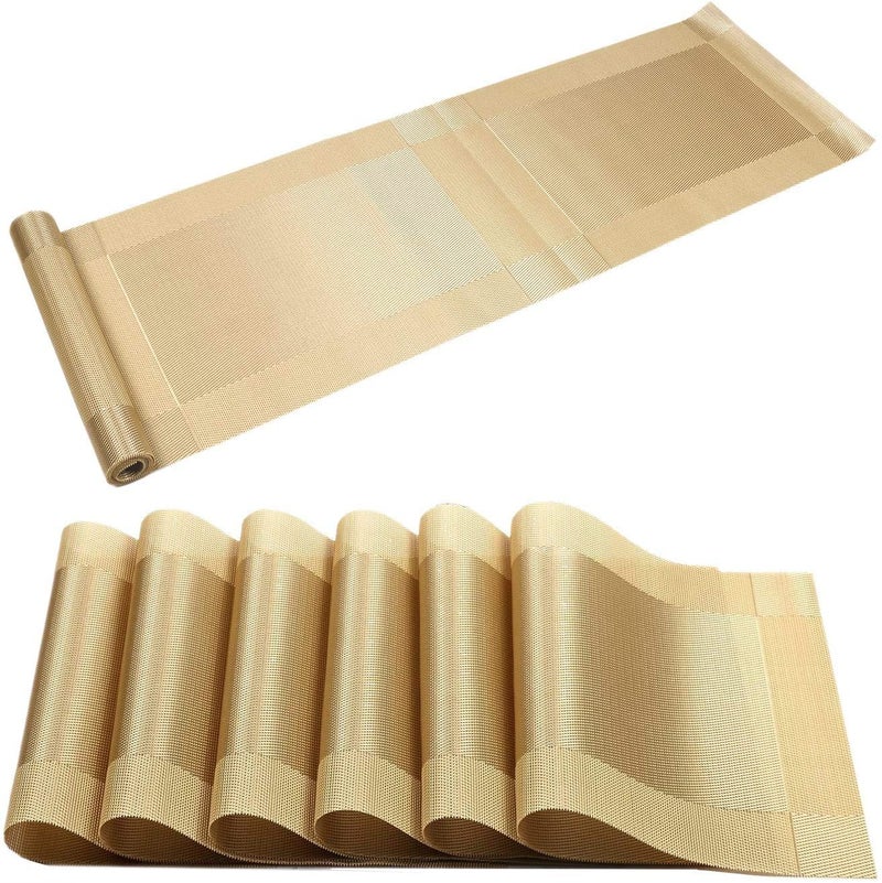 P-PLUS INTERNATIONAL Washable PVC Vinyl Heat Resistant Long Dinner Table Mats Placement Easy to Wash Cleaning Both Side Usable (Set of 6 + 1 Runner, Gold) - Image 4