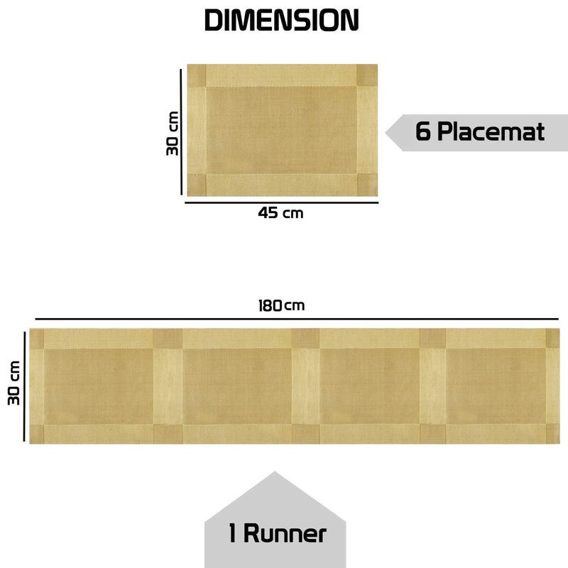 P-PLUS INTERNATIONAL Washable PVC Vinyl Heat Resistant Long Dinner Table Mats Placement Easy to Wash Cleaning Both Side Usable (Set of 6 + 1 Runner, Gold) - Image 3