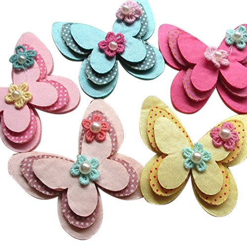 Chenkou Craft 15pcs New Padded Felt Butterfly Satin Ribbon Flowers Beads Appliques Wedding A454 (Multi-Color) - Image 1