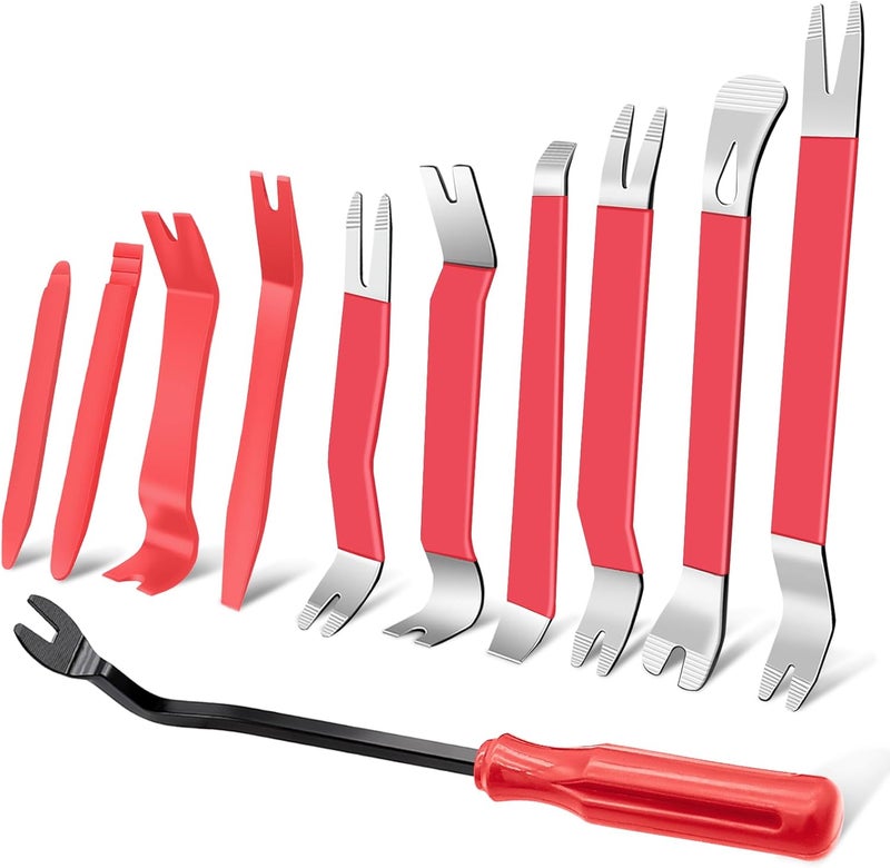 Zecirl 11 PCS AutoTrim Removal Tool Kit, Metal Pry Tool Auto Fastener Remover Pry Bar Set Trim Remover Kits for Vehicle Door Panel, Audio Radio Panel, Dashboard Repair Kit RED - Image 1