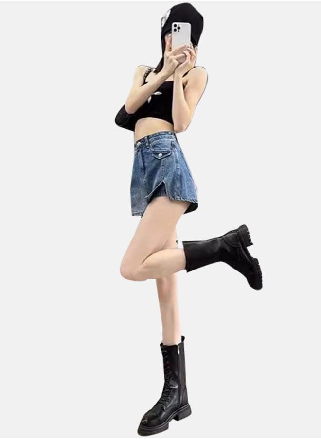 يونيكي تنورة دنيم قصيرة مقسمة من الدنيم الأزرق - Image 2