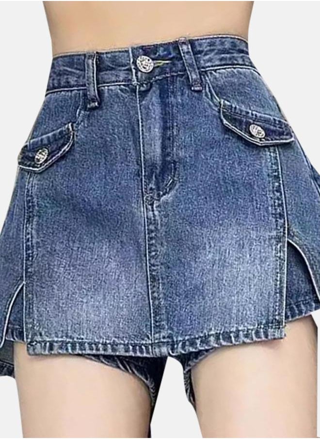 يونيكي تنورة دنيم قصيرة مقسمة من الدنيم الأزرق - Image 3