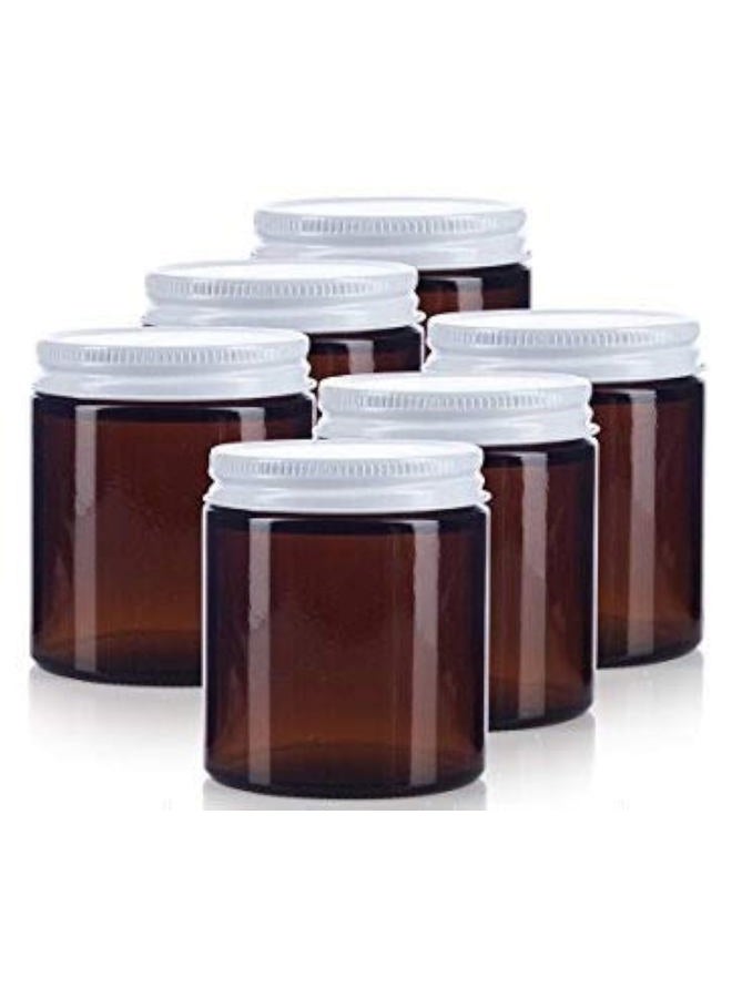 JUVITUS Amber Thick Glass Straight Sided Jar with White Metal Airtight Lid - 4 oz / 120 ml (6 pack) + Spatulas and Labels - Image 1