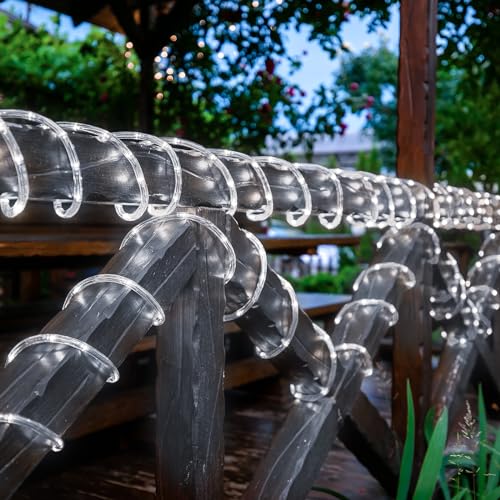Jnaurb Solar Rope Lights, 66ft 200LED Solar String Lights, 8 Modes Waterproof Solar Powered Outdoor Light, Flexible Clear Tube Light for Garden, Backyard, Patio, Deck, Porch, Pool, Tree Decorative - White - Image 3