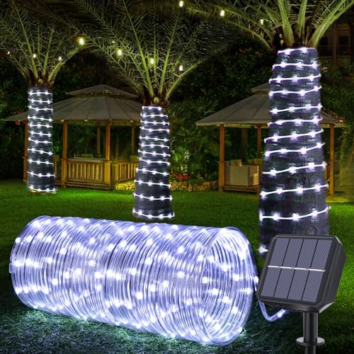 Jnaurb Solar Rope Lights, 66ft 200LED Solar String Lights, 8 Modes Waterproof Solar Powered Outdoor Light, Flexible Clear Tube Light for Garden, Backyard, Patio, Deck, Porch, Pool, Tree Decorative - White - Image 1
