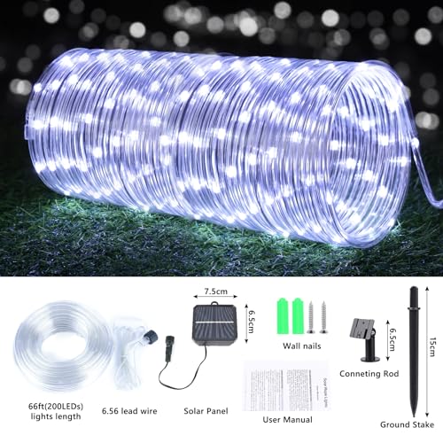 Jnaurb Solar Rope Lights, 66ft 200LED Solar String Lights, 8 Modes Waterproof Solar Powered Outdoor Light, Flexible Clear Tube Light for Garden, Backyard, Patio, Deck, Porch, Pool, Tree Decorative - White - Image 5