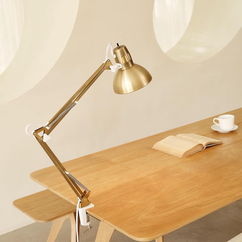 Globe Electric 62000010 32" Multi-Joint Desk Lamp with Metal Clamp, Matte Brass, White Accents, On/Off Rotary Switch on Shade, Partially Adjustable Swing Arm, Home Décor, Office Accessory - Image 2