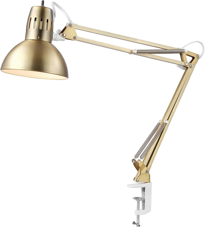 Globe Electric 62000010 32" Multi-Joint Desk Lamp with Metal Clamp, Matte Brass, White Accents, On/Off Rotary Switch on Shade, Partially Adjustable Swing Arm, Home Décor, Office Accessory - Image 4