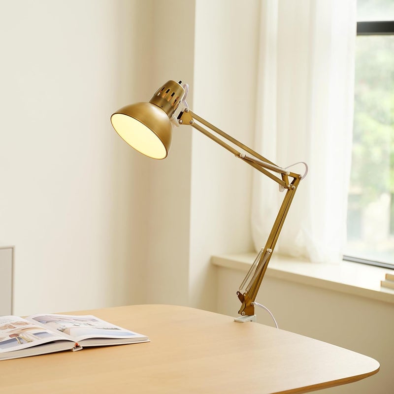 Globe Electric 62000010 32" Multi-Joint Desk Lamp with Metal Clamp, Matte Brass, White Accents, On/Off Rotary Switch on Shade, Partially Adjustable Swing Arm, Home Décor, Office Accessory - Image 3
