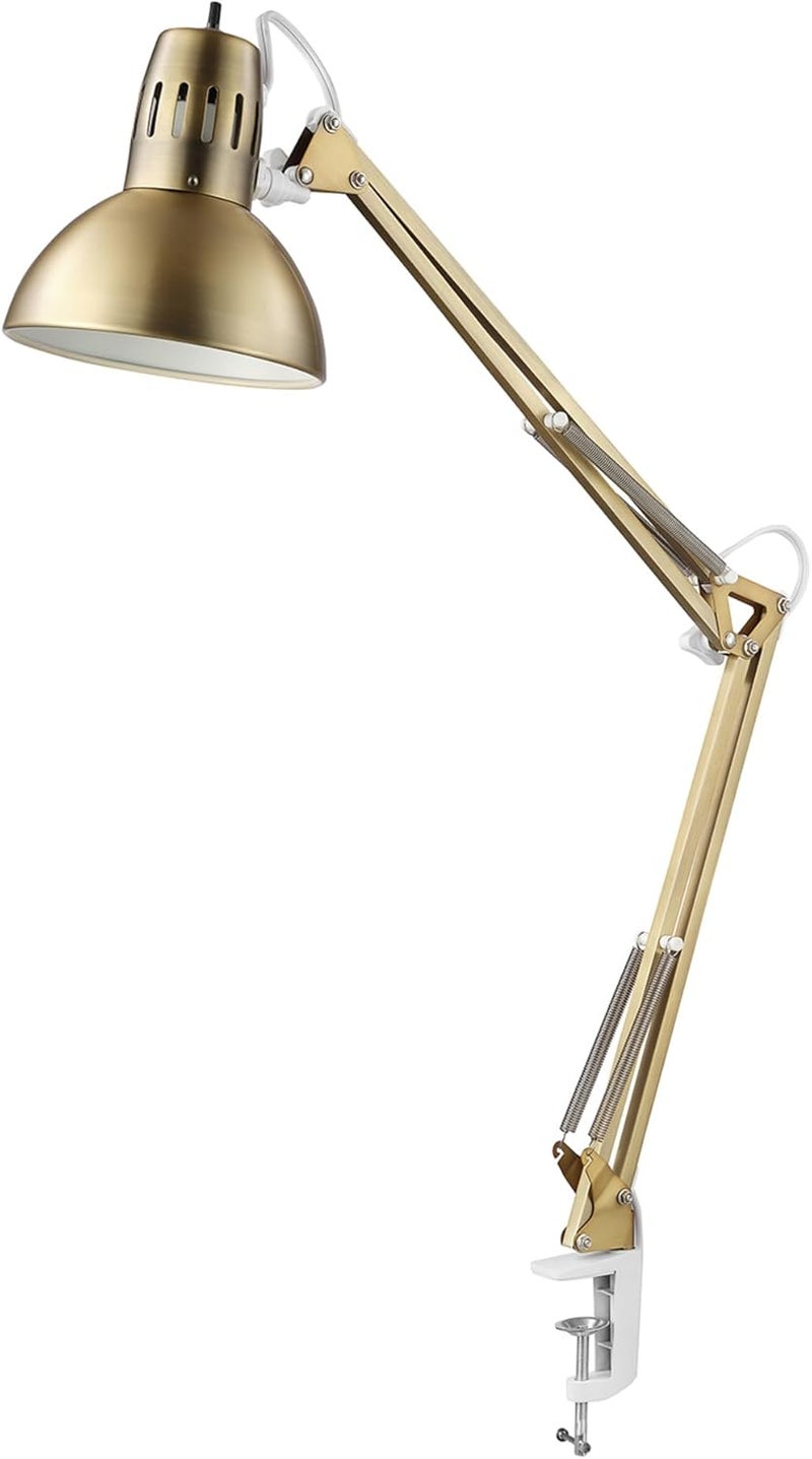 Globe Electric 62000010 32" Multi-Joint Desk Lamp with Metal Clamp, Matte Brass, White Accents, On/Off Rotary Switch on Shade, Partially Adjustable Swing Arm, Home Décor, Office Accessory - Image 1