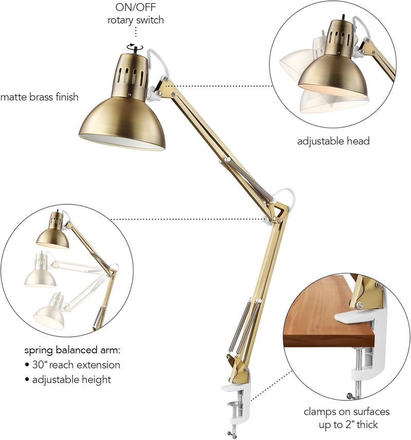 Globe Electric 62000010 32" Multi-Joint Desk Lamp with Metal Clamp, Matte Brass, White Accents, On/Off Rotary Switch on Shade, Partially Adjustable Swing Arm, Home Décor, Office Accessory - Image 5