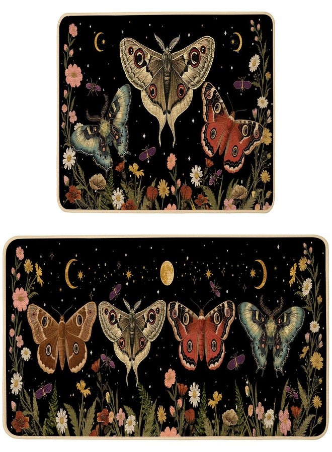 Baccessor مجموعة سجاد مطبخ Baccessor Luna Moth Moon، قطعتان، سجاد مطبخ أخضر مزين بالزهور والفراشات، ماص للرطوبة، مانع للانزلاق، منخفض الارتفاع، قابل للغسل، مناسب لأرضيات الربيع والصيف، ديكور منزلي ريفي، مقاس 17×29 و17×47 بوصة - Image 1