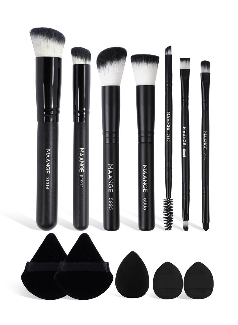 MAANGE Makeup Brushes Set, 12 Pcs Makeup Kit, Include Powder Foundation Concealers Blush Eye shadows Makeup Brushes and Powder Puff, Mini Finger Powder Puff and Makeup Egg(Black) - Image 1