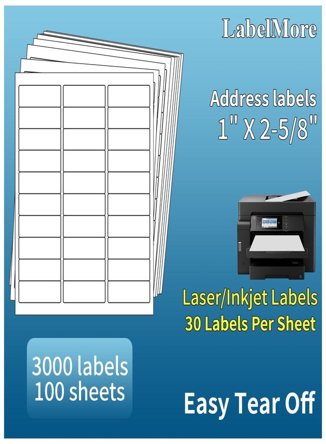 LabelMore ملصقات عناوين مقاس 1 بوصة × 2-5/8 بوصة، 30 ملصقًا في الورقة، ورق لاصق للطابعات الليزرية والحبرية، 8.5 بوصة × 11 بوصة، أبيض - 3000 ملصق - Image 1