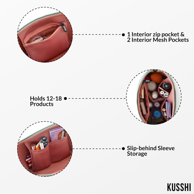 KUSSHI حقيبة مكياج كوشي نيونبرين - حقيبة مكياج قابلة للغسل للسفر بدون توتر (ساج/كورال روز) - Image 1