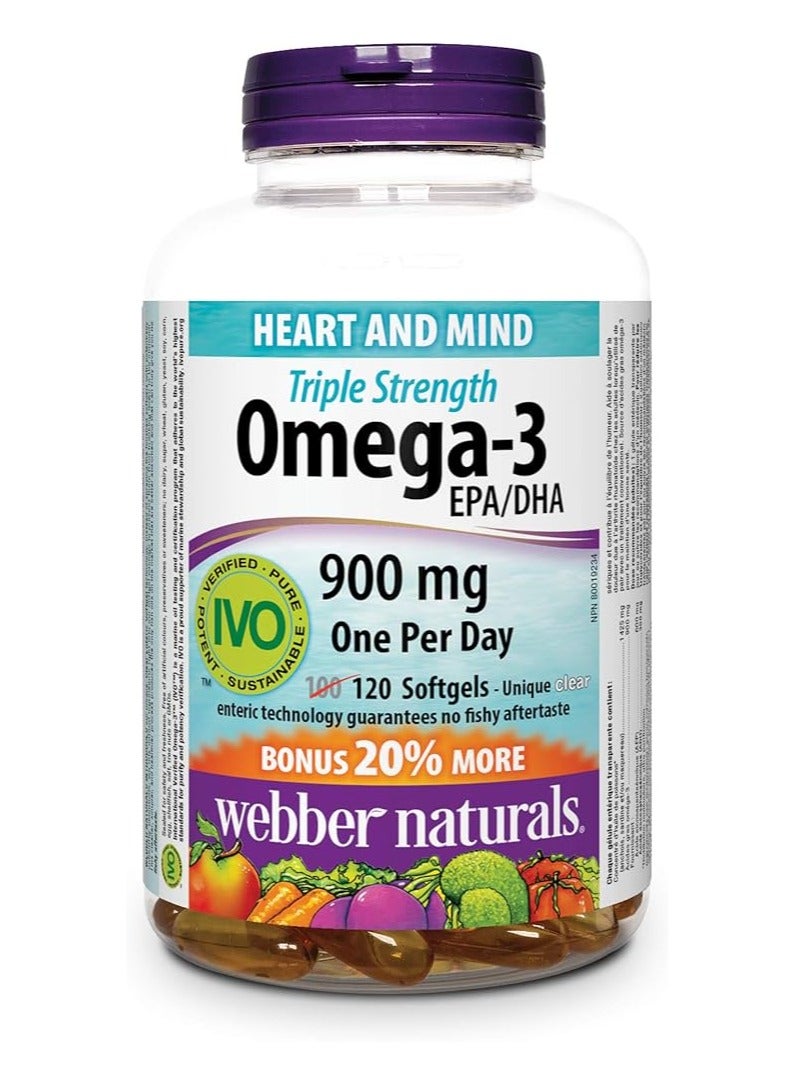 ويبر ناتشورالز أوميغا-3 ثلاثي القوة 900 ملغ حمض إيكوسابنتينويك/دوكوساهيكسانويك 120 كبسولة جيلاتينية معوية صافية إضافة إضافية!