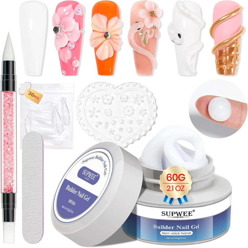 جل بناء صلب للأظافر 60 جرام سعة كبيرة جل تشكيل ثلاثي الأبعاد غير لزج صلب أبيض لنحت تمديد الأظافر طلاء أظافر قابل للإزالة افعلها بنفسك صالون منزلي