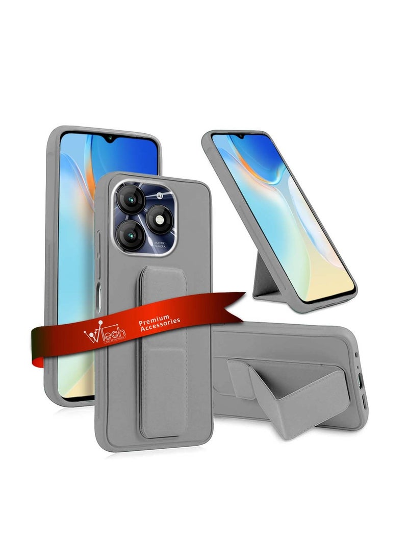 Wtech Itel A70 4G 2023 Hand Grip Foldable Magnetic Kickstand Wrist Strap Finger Grip With Built-In Iron Case Cover - Grey - Image 1