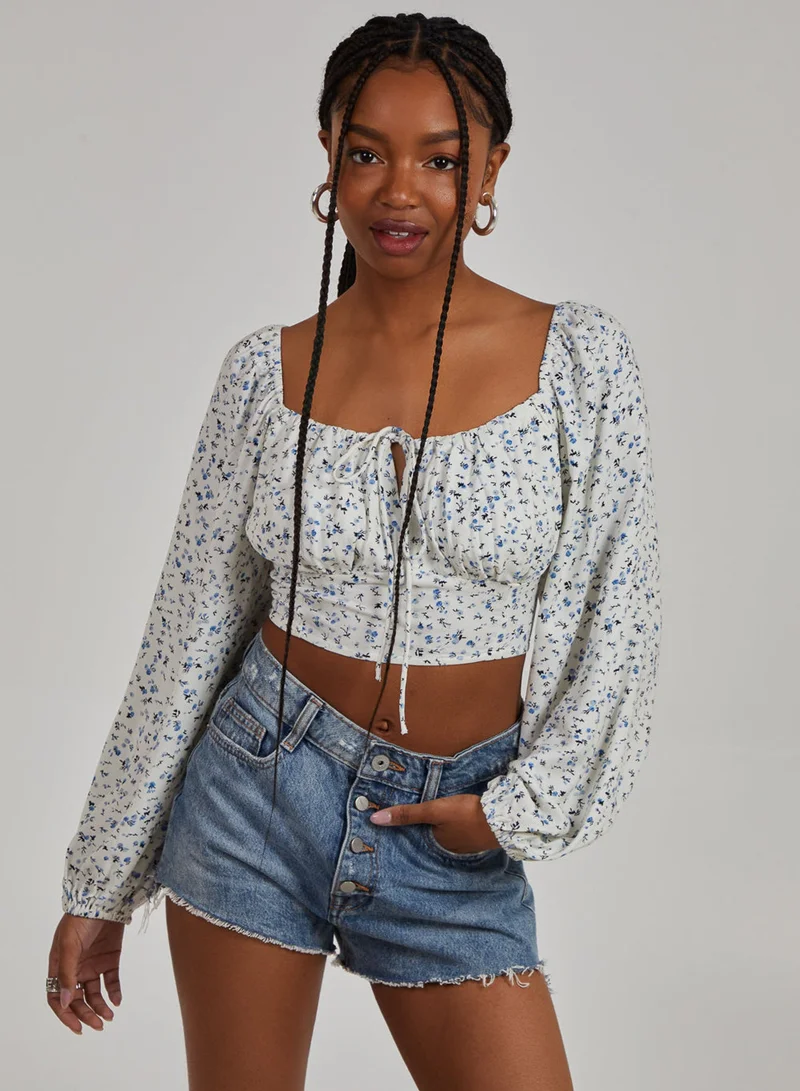 Floral Print Long Sleeve Peasant Milkmaid Top