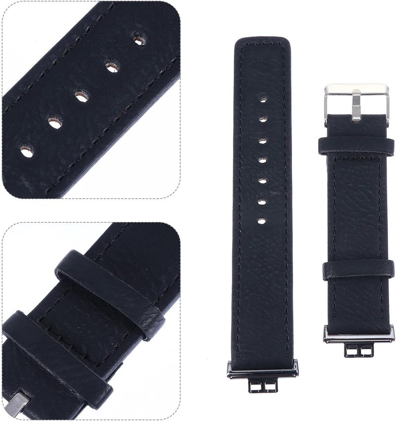 Kisangel Genuine Leather Retro Watchband for Fitness Watch Fit Comfortable Smooth Edges Strap Replacement for Men and Women Decorative Smart Wristband Easy Installation Black Metal Buckle - Image 3