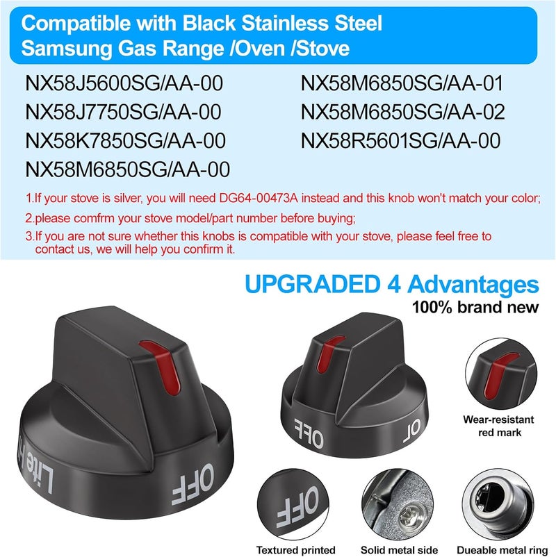 S-Union [Upgraded] DG64-00473B Stove Knobs Black Stainless Steel Compatible with Samsung Gas Range Oven Stove, Top Burner Control Dial Knob, Oven Knob Replacement NX58M6850SG, NX58J7750SG, NX58J5600SG (5pcs) - Image 5