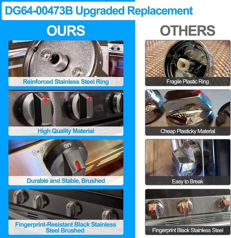 S-Union [Upgraded] DG64-00473B Stove Knobs Black Stainless Steel Compatible with Samsung Gas Range Oven Stove, Top Burner Control Dial Knob, Oven Knob Replacement NX58M6850SG, NX58J7750SG, NX58J5600SG (5pcs) - Image 2