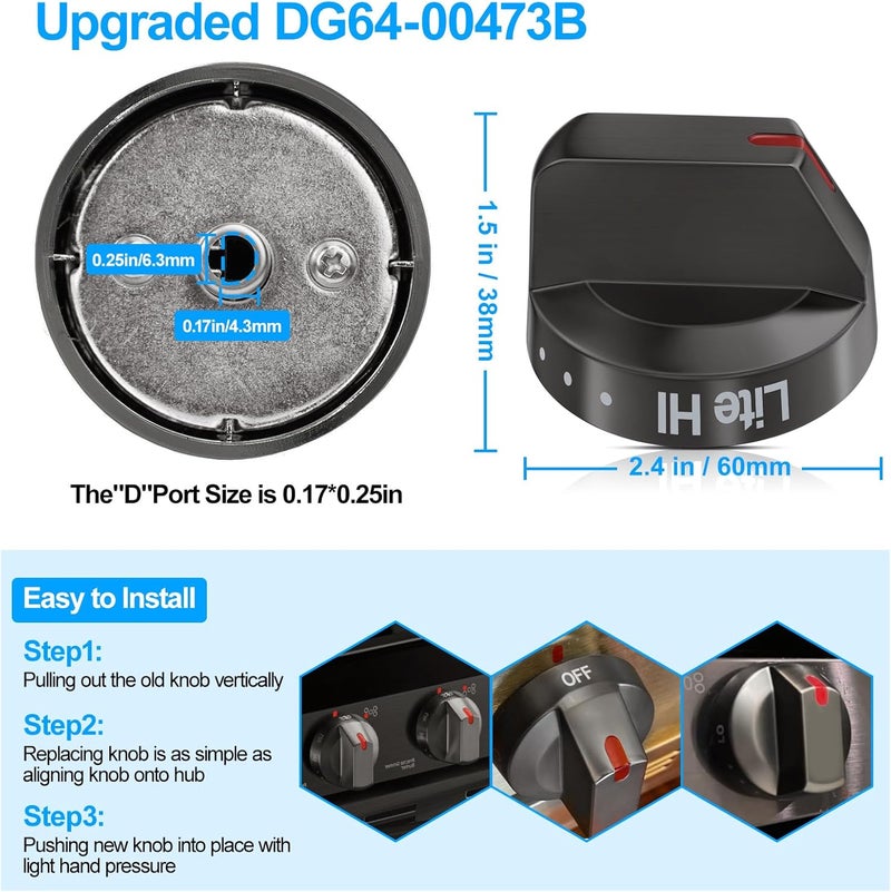 S-Union [Upgraded] DG64-00473B Stove Knobs Black Stainless Steel Compatible with Samsung Gas Range Oven Stove, Top Burner Control Dial Knob, Oven Knob Replacement NX58M6850SG, NX58J7750SG, NX58J5600SG (5pcs) - Image 4