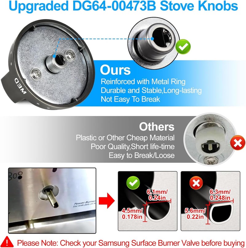 S-Union [Upgraded] DG64-00473B Stove Knobs Black Stainless Steel Compatible with Samsung Gas Range Oven Stove, Top Burner Control Dial Knob, Oven Knob Replacement NX58M6850SG, NX58J7750SG, NX58J5600SG (5pcs) - Image 3