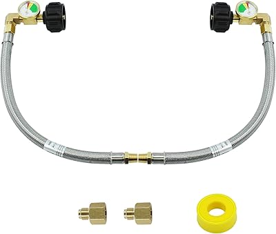 MCAMPAS MCAMPAS 1/4" RV Propane Pigtail Regulator Hose with Gauge,12" Stainless Steel Braided Propane Hose with 1/4" Male NPT  - Image 1
