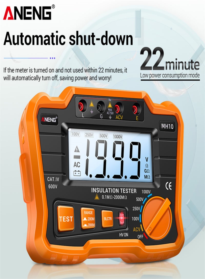 ANENG MH10 Digital Insulation Resistance Tester 0.1MΩ-2000MΩ LCD Backlit Megohmmeter Output Voltage 100/ 250/ 500/ 1000V Insulated Resistance Meter AC 750V with Zipper Bag - Image 4