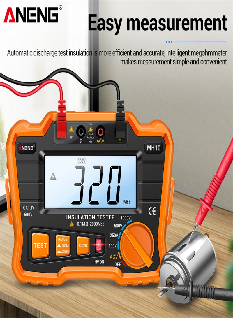 ANENG MH10 Digital Insulation Resistance Tester 0.1MΩ-2000MΩ LCD Backlit Megohmmeter Output Voltage 100/ 250/ 500/ 1000V Insulated Resistance Meter AC 750V with Zipper Bag - Image 3