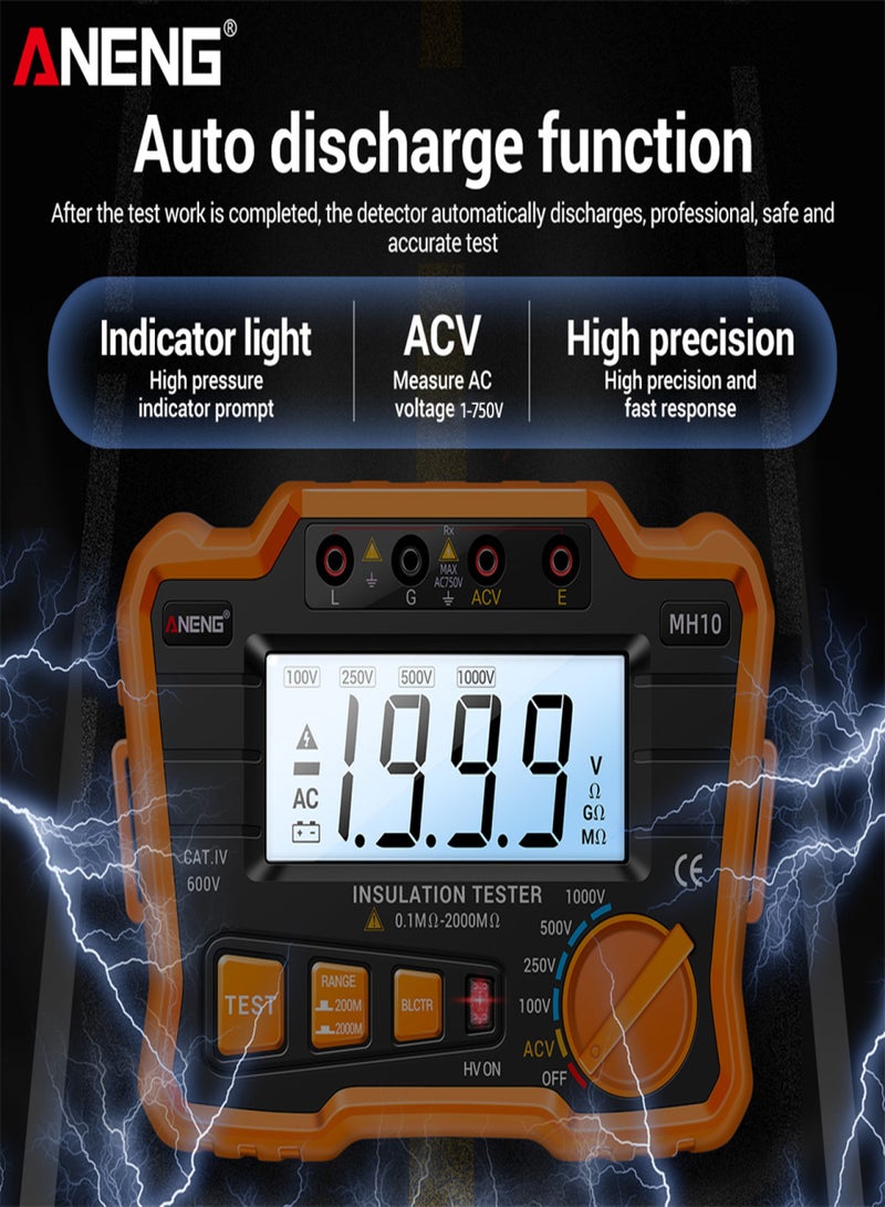 ANENG MH10 Digital Insulation Resistance Tester 0.1MΩ-2000MΩ LCD Backlit Megohmmeter Output Voltage 100/ 250/ 500/ 1000V Insulated Resistance Meter AC 750V with Zipper Bag - Image 2