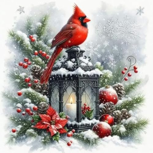 MOMDEDP Christmas Cardinal Diamond Painting Kits for Adults, 5D Light Diamond Art Painting by Numbers Kits, DIY Winter Diamond Dots Art Kits Full Round Drill Bird Diamond Paintings for Decor12x12 in - Image 1