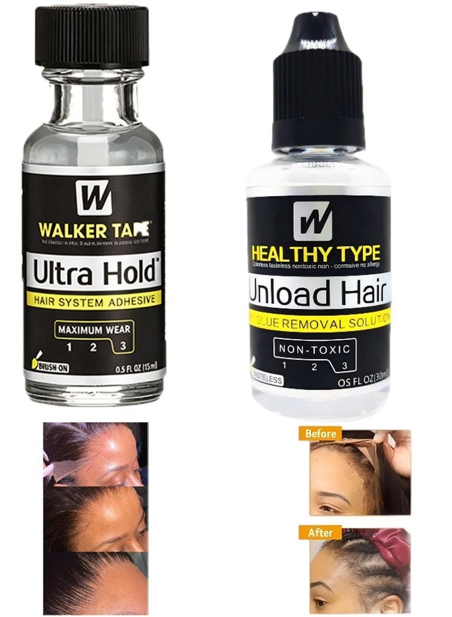 Walker Tape 2PCS special hair extension glue and remover, quickly removes glue from hair extensions, thin silicone wig glue - long-lasting hold polymer for lace wigs - lasts 3-4 weeks, suitable for wigs and wig systems - invisible waterproof glue (15mL glue and remover) - Image 1