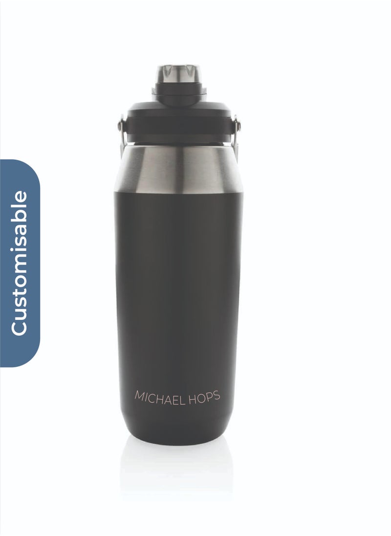 Hans Larsen Personalised USLAR - Hans Larsen Vacuum Bottle with Solid Handle and Dual Lid - 1L - Black  - Image 1