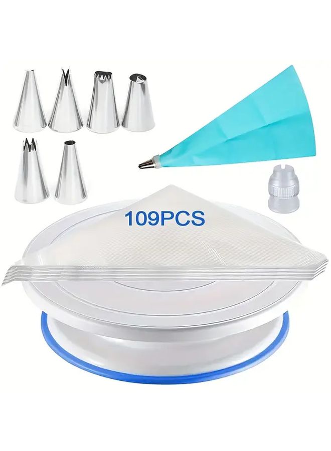 109 Pcs Cake Turntable Piping Nozzle Set Blue Includes 100 Thickened 12 Inch Piping Bags 1 11 Inch Rotatable Turntable 6 Shapes Piping Nozzles Baking Tools Cake Decorating Kitchen Gadgets - Image 1