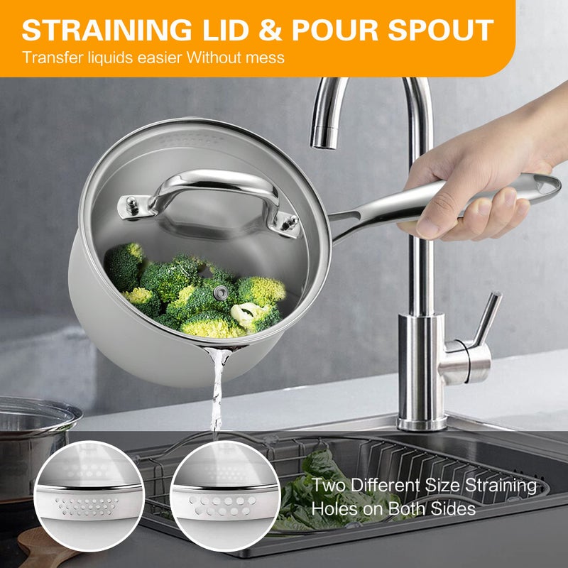 Cyrosa 3.5 Quart Stainless Steel Saucepan with Strainer Lid, Sauce Pot Sauce Pan for Stove Top, Two Side Spouts for Easy Pour, Dishwasher Safe - Image 5
