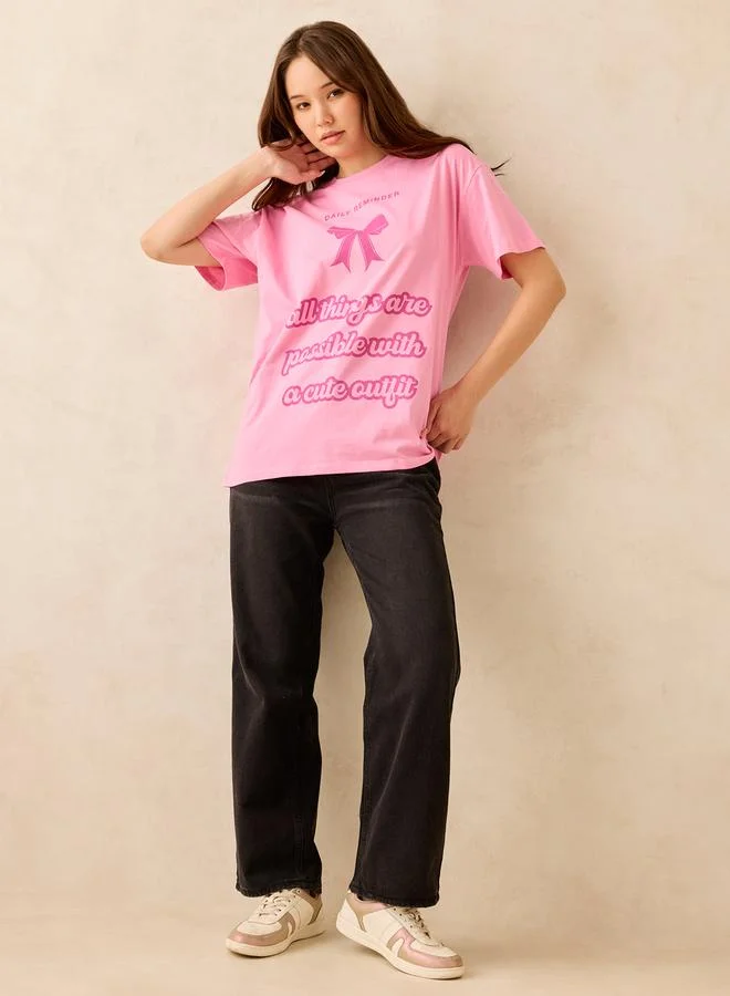 Outzidr  Pink Crew Neck Graphic T-Shirt for Women | Best Price UAE