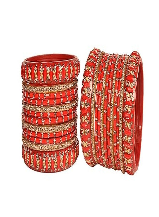 BANGLESKART مجموعة أساور زجاجية من بانغلسكارت / ألوان متعددة أحمر وأخضر / مجموعة أساور كادا من الزركونيا للنساء (24 قطعة) (لون أحمر، 2.8) - Image 3