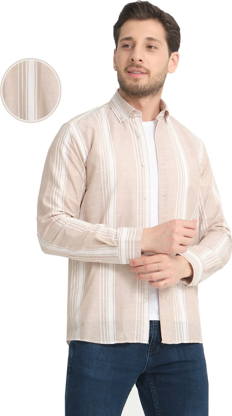 Varetta Men's Tan White Striped No Pocket Linen Effect Wide Cut Long Sleeve Shirt