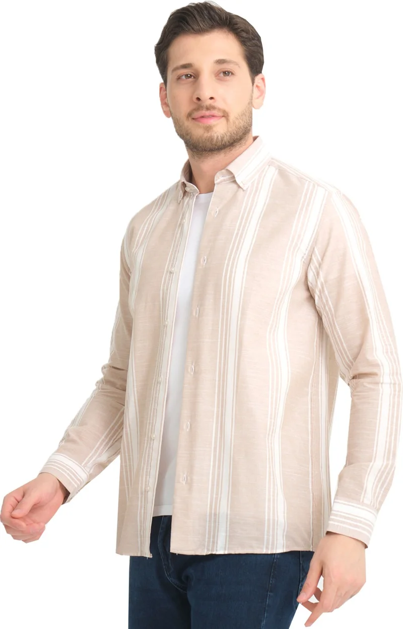 Varetta Men's Tan White Striped No Pocket Linen Effect Wide Cut Long Sleeve Shirt