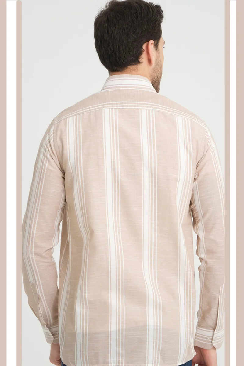 Varetta Men's Tan White Striped No Pocket Linen Effect Wide Cut Long Sleeve Shirt