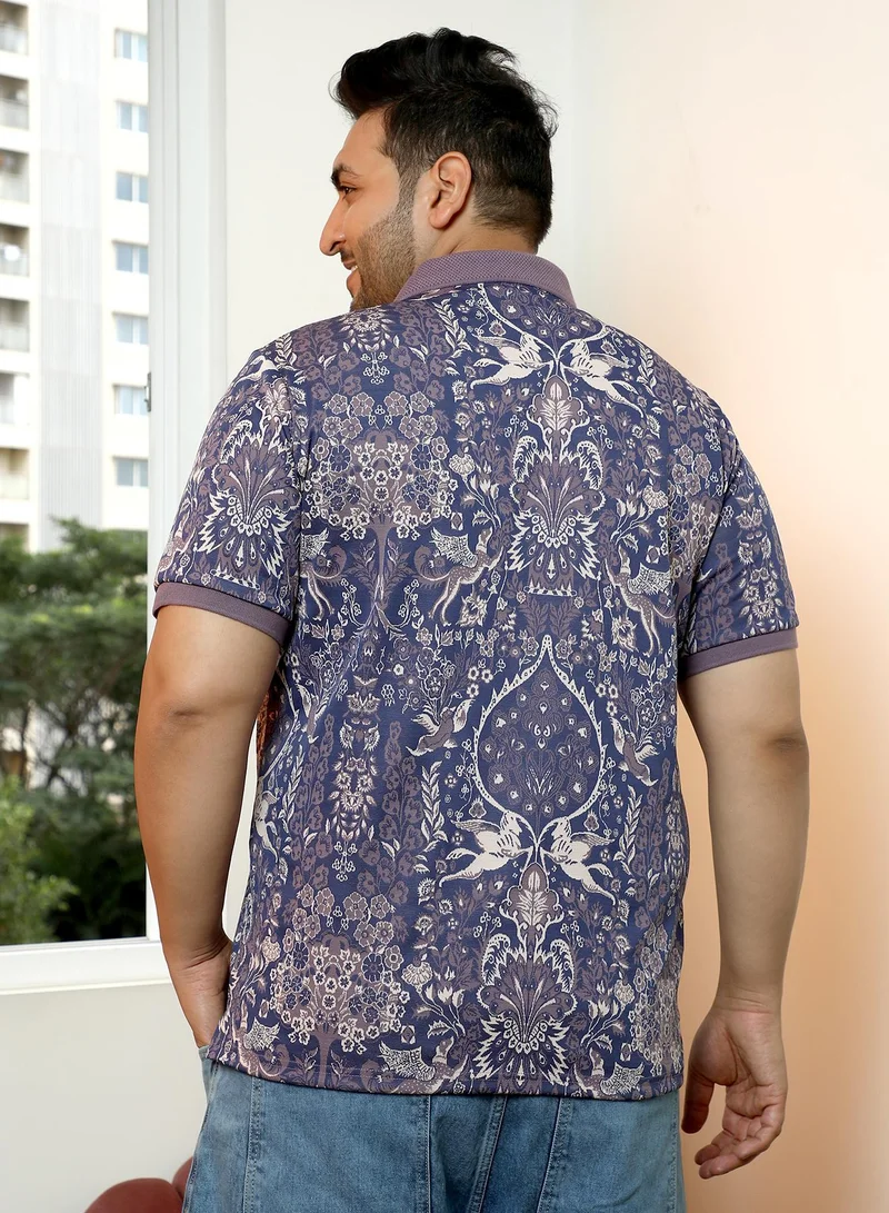 انستافاب بلس Instafab Plus Men's Blue & Purple Indie Floral Jacquard-Knit Polo T-Shirt | Polo Neck , Short Sleeve , Button Closure , Straight Hem | Botanical Jacquard Cotton-Blend For Casual & Evening Wear