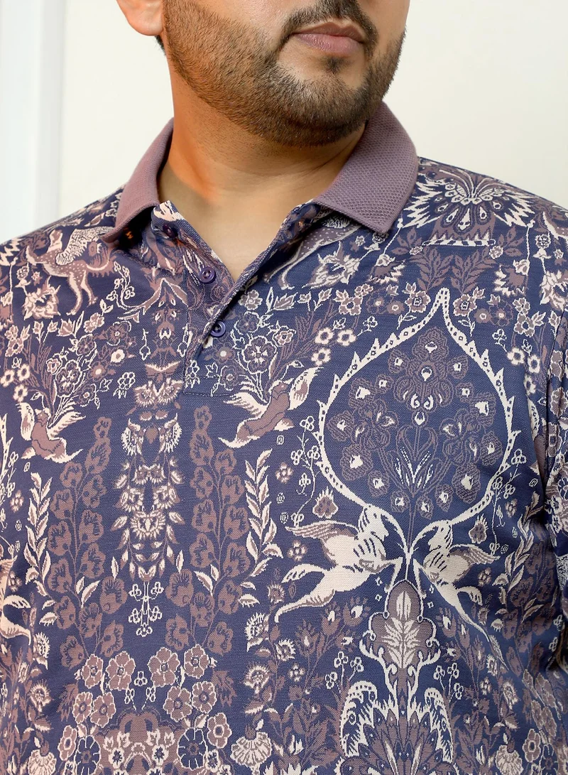 انستافاب بلس Instafab Plus Men's Blue & Purple Indie Floral Jacquard-Knit Polo T-Shirt | Polo Neck , Short Sleeve , Button Closure , Straight Hem | Botanical Jacquard Cotton-Blend For Casual & Evening Wear