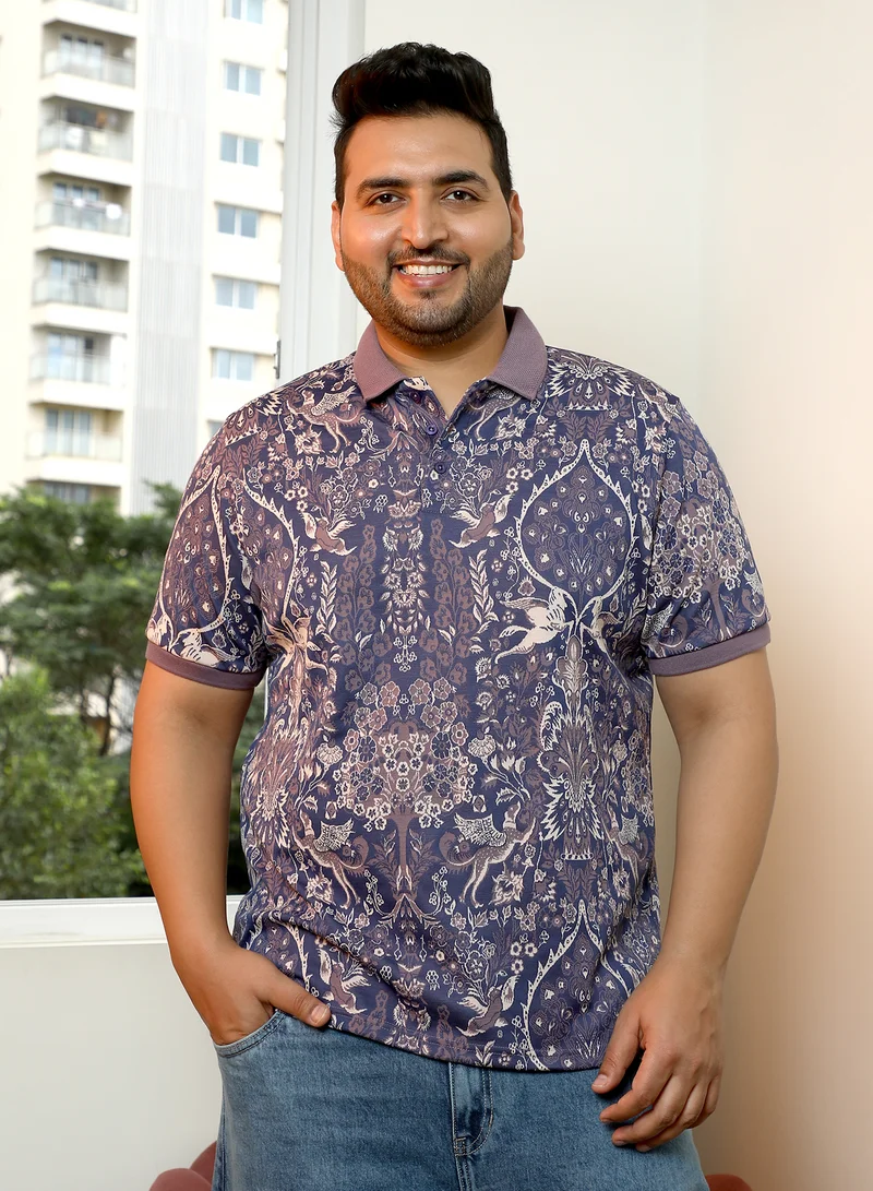 Instafab Plus Instafab Plus Men's Blue & Purple Indie Floral Jacquard-Knit Polo T-Shirt | Polo Neck , Short Sleeve , Button Closure , Straight Hem | Botanical Jacquard Cotton-Blend For Casual & Evening Wear