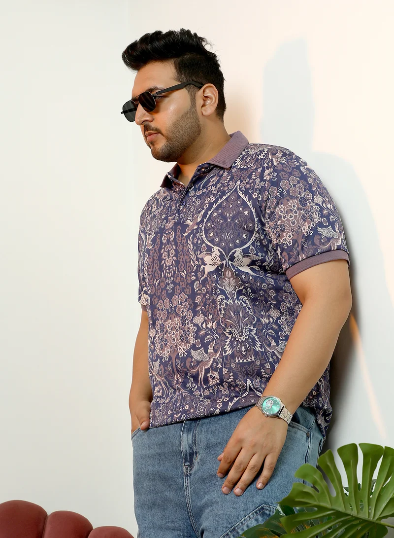 Instafab Plus Instafab Plus Men's Blue & Purple Indie Floral Jacquard-Knit Polo T-Shirt | Polo Neck , Short Sleeve , Button Closure , Straight Hem | Botanical Jacquard Cotton-Blend For Casual & Evening Wear
