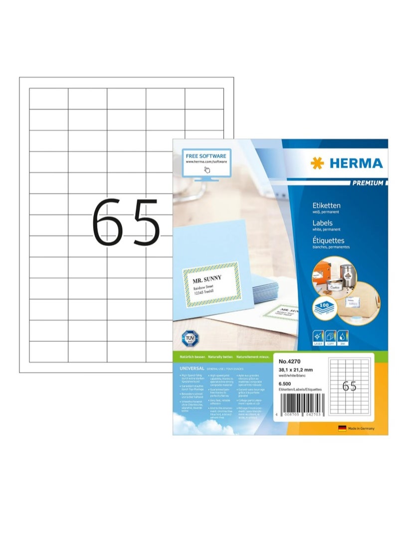 Herma Herma Multi-Purpose Self-Adhesive Labels, 65 Labels Per A4 Sheet, 6500 Labels for Laser and Inkjet Printers, S Size, 38.1 x 21.2mm (4270), White  - Image 1